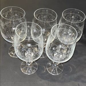 5 Vintage 6.5" Etched Depression Lead Crystal Water Goblets Cascade Bohemia